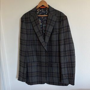 TALLIA Dark Plaid Wool Two Button Blazer Dragon Print Lining Size 44L